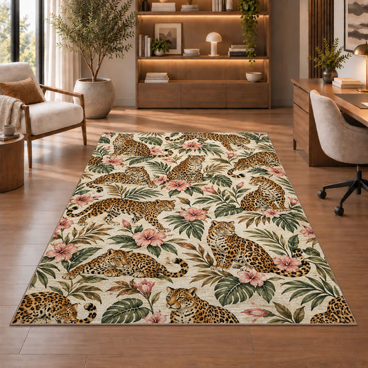 Leopard Pattern with Hibiscus Rug in a home office with wooden shelves