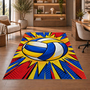 Pop Art Volleyball Rug in a home office with wooden shelves