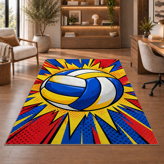 Pop Art Volleyball Rug in a home office with wooden shelves