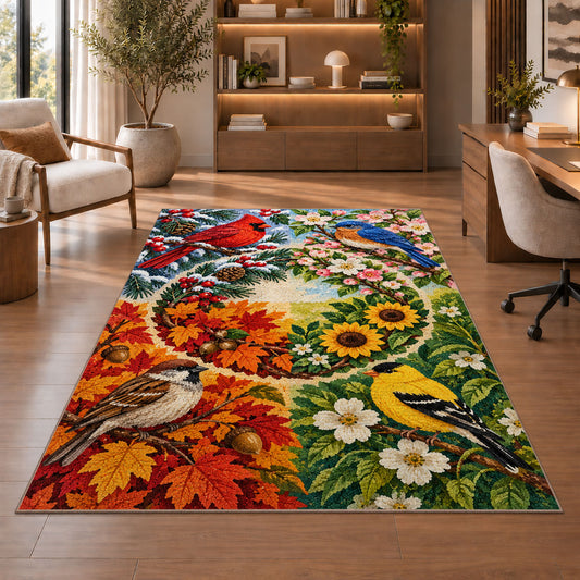Four Seasons Birds Rug in a home office with wooden shelves