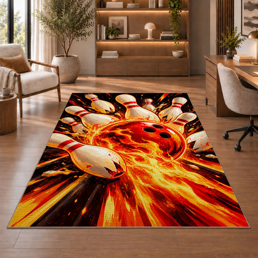 Flaming Bowling Ball Rug in a home office with wooden shelves