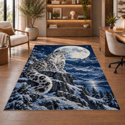 Snow Leopard Under Full Moon Rug in a home office with wooden shelves