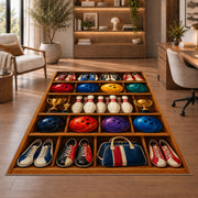Bowling Gear Shelf Rug in a home office with wooden shelves