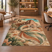 Boho Mermaid Rug in a home office with wooden shelves