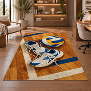 Volleyball Shoes on Court Rug in a home office with wooden shelves