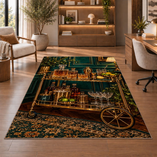 Vintage Bar Cart Rug in a home office with wooden shelves