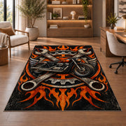 Motorcycle and Crossed Wrenches Rug in a home office with wooden shelves