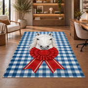 Gingham Horse and Rosette Rug in a home office with wooden shelves