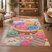 Happy Yarn Balls Nursery Rug in a home office with wooden shelves