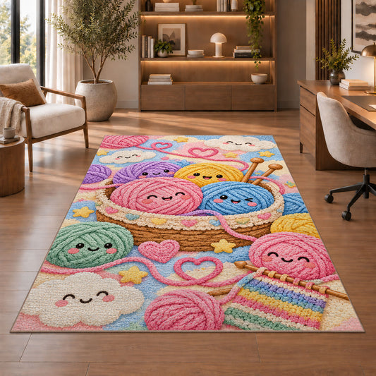 Happy Yarn Balls Nursery Rug in a home office with wooden shelves
