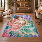 Three Mermaids and Shell Rug in a home office with wooden shelves
