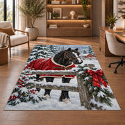 Horse in Winter Snow Rug in a home office with wooden shelves