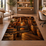 Copper Still Distillery Rug in a home office with wooden shelves