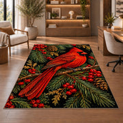 Cardinal on Black Rug in a home office with wooden shelves