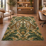 Twin Leopards and Palm Rug in a home office with wooden shelves