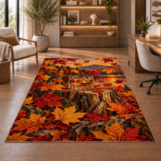 Whiskey and Maple Leaves Rug in a home office with wooden shelves