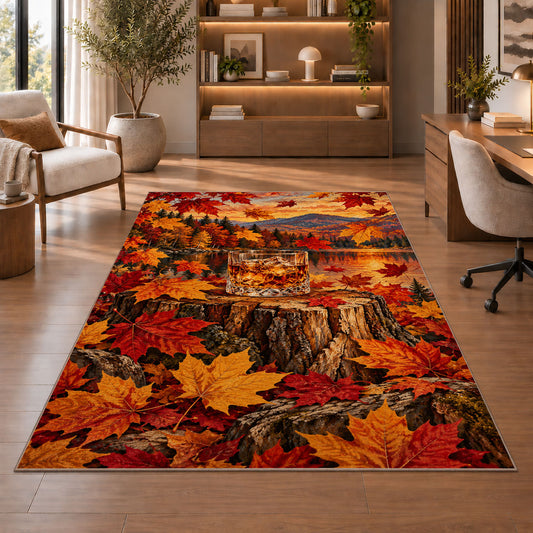 Whiskey and Maple Leaves Rug in a home office with wooden shelves