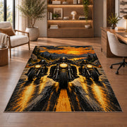 Three Riders Headlights Rug in a home office with wooden shelves