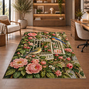 Vintage Birdcage and Roses Rug in a home office with wooden shelves