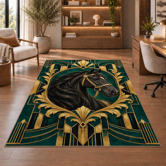 Art Deco Horse Rug in a home office with wooden shelves