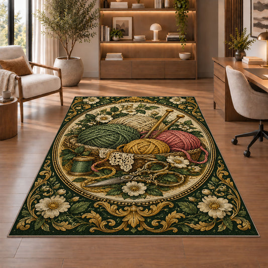 Vintage Engraved Yarn Rug in a home office with wooden shelves