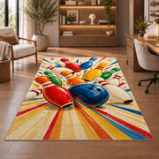 Colorful Falling Pins Rug in a home office with wooden shelves