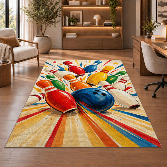 Colorful Falling Pins Rug in a home office with wooden shelves