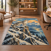 Retro Snow Leopard Poster Rug in a home office with wooden shelves