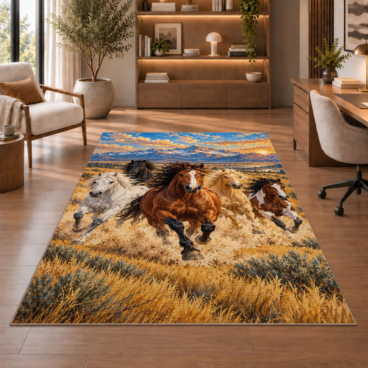 Wild Horses Galloping Rug in a home office with wooden shelves