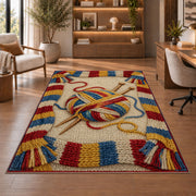 Striped Scarf Border Yarn Rug in a home office with wooden shelves