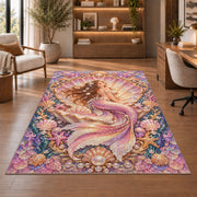 Mermaid in Seashell Frame Rug in a home office with wooden shelves