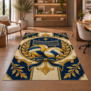 Classic Volleyball Crest Rug in a home office with wooden shelves