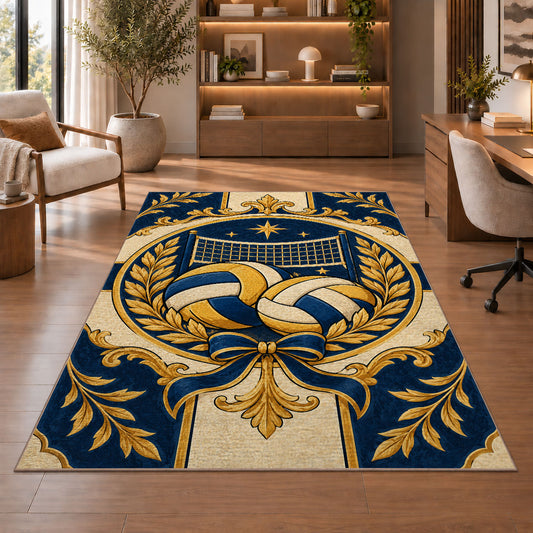 Classic Volleyball Crest Rug in a home office with wooden shelves