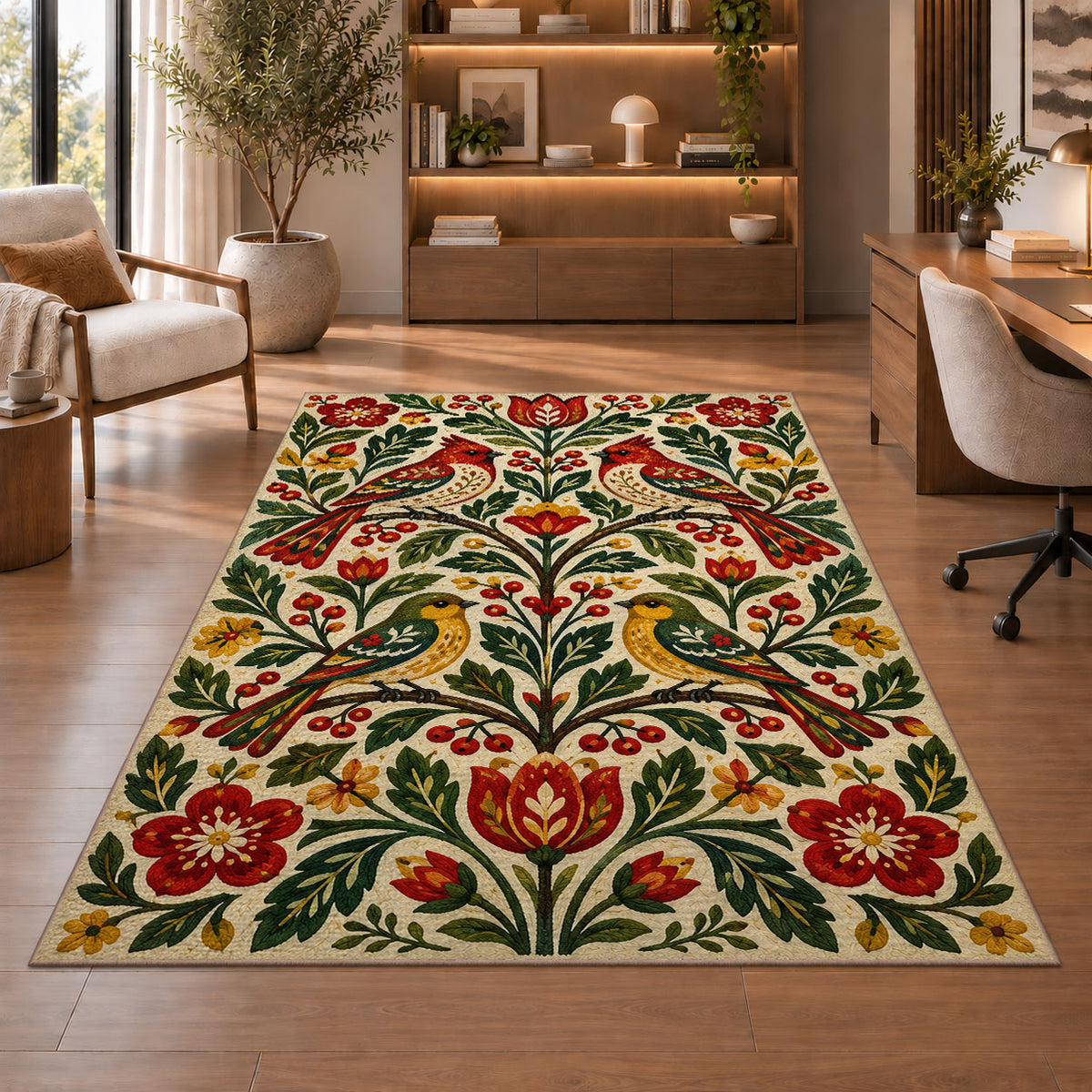 Folk Art Birds Rug in a home office with wooden shelves