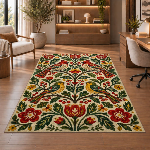 Folk Art Birds Rug in a home office with wooden shelves