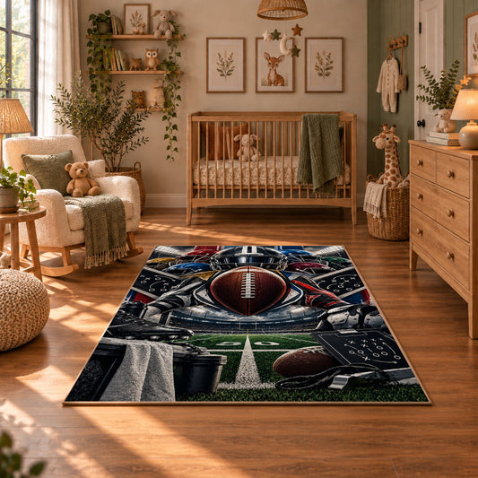 gridiron tunnel football design area rug displayed in a nursery