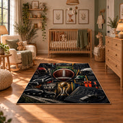 football gear championship collage area rug displayed in a nursery