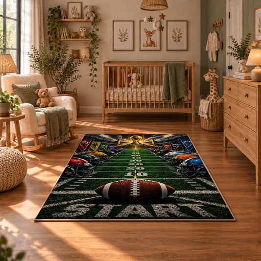 football field goal line scene area rug displayed in a nursery