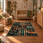 vintage football grid collage area rug displayed in a nursery