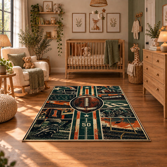 vintage football grid collage area rug displayed in a nursery