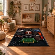 football equipment playbook collage area rug displayed in a nursery