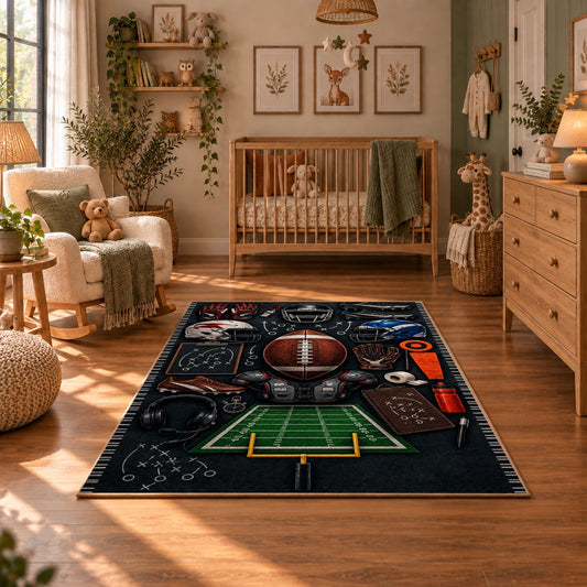 football equipment playbook collage area rug displayed in a nursery