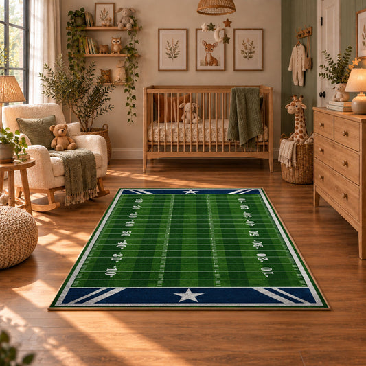 minimal green football field area rug displayed in a nursery