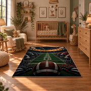 stadium football field scene area rug displayed in a nursery
