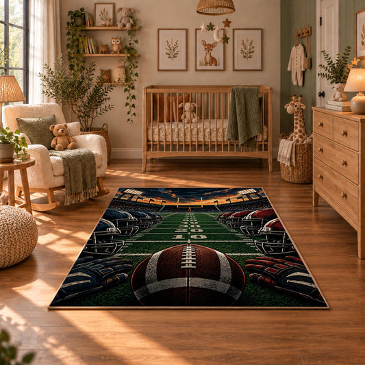 stadium football field scene area rug displayed in a nursery