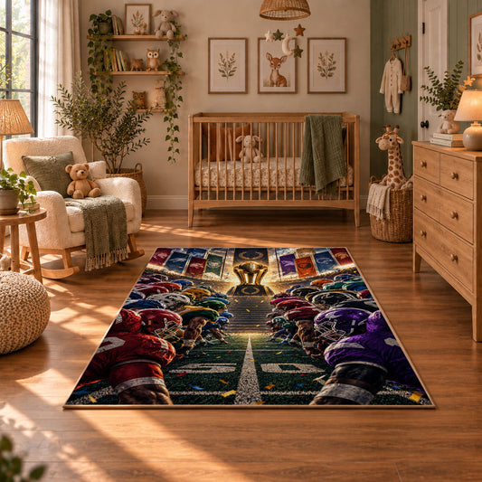 football rivalry helmet lineup area rug displayed in a nursery