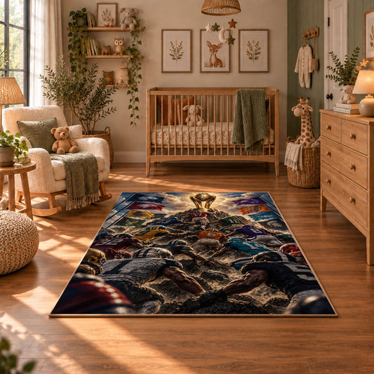 football championship battle scene area rug displayed in a nursery
