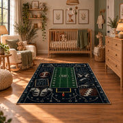 football playbook chalkboard design area rug displayed in a nursery