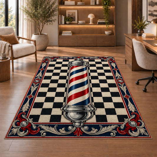 classic barber pole checkered rug in a home office with wooden shelves