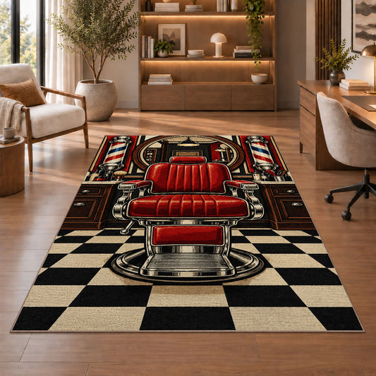 red barber chair rug in a home office with wooden shelves
